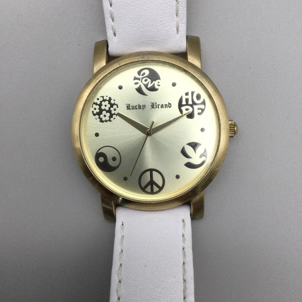 Lucky Brand Womens Watch 40mm White Leather Peace Love Hope 161235 New Battery